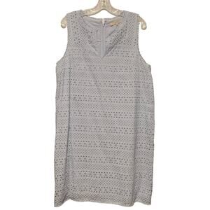 LOFT Eyelet Dress 14 Sleeveless Pale Blue Summer Lined Spring Pom Trim Zip Back